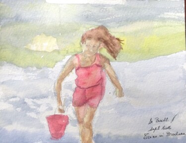 Painting titled "Scarlett à la plage" by Zoé Valy, Original Artwork, Watercolor Mounted on Cardboard