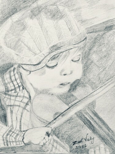 图画 标题为“Petit violoncelliste” 由Zoé Valy, 原创艺术品, 铅笔 安装在纸板上