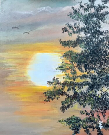Painting titled "Coucher de soleil à…" by Zoé Valy, Original Artwork, Oil Mounted on Wood Stretcher frame