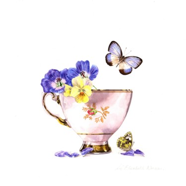 Картина под названием "pink-tea-cup-jpaag.…" - Zoe Norman, Подлинное произведение искусства, Акварель