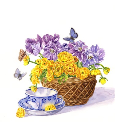 Painting titled "Tea Cup and Tulips" by Zoe Norman, Original Artwork, Watercolor