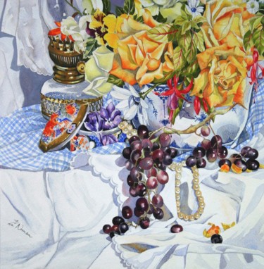 Painting titled "still-life-with-pea…" by Zoe Norman, Original Artwork, Gouache
