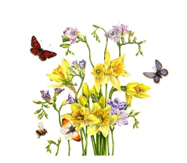 Painting titled "Freesias and Daffod…" by Zoe Norman, Original Artwork, Watercolor Mounted on Cardboard