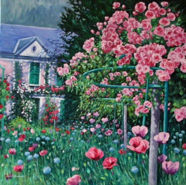 Painting titled "Monet's Roses." by Zoe Norman, Original Artwork, Oil Mounted on Wood Stretcher frame