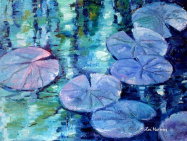 Painting titled "Blue Nympheas" by Zoe Norman, Original Artwork, Oil Mounted on Wood Stretcher frame