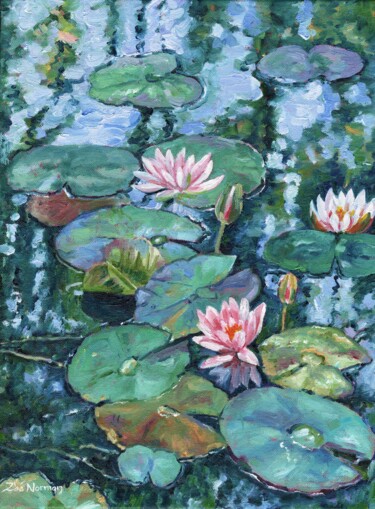Painting titled "Waterlilies on the…" by Zoe Norman, Original Artwork, Oil Mounted on Wood Stretcher frame
