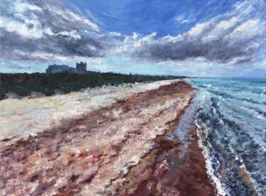 Painting titled "Banburgh Beach" by Zoe Norman, Original Artwork, Oil Mounted on Wood Stretcher frame