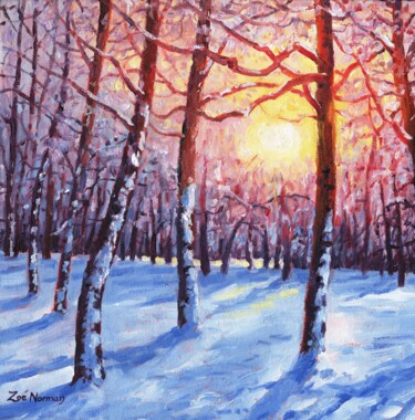 Schilderij getiteld "Winter Birch Trees" door Zoe Norman, Origineel Kunstwerk, Olie Gemonteerd op Frame voor houten brancard