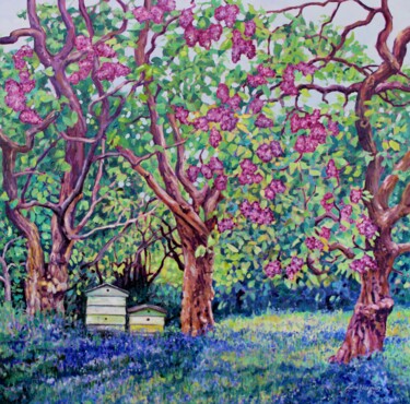 Painting titled "Lilac and Bee Hives" by Zoe Norman, Original Artwork, Oil Mounted on Wood Stretcher frame