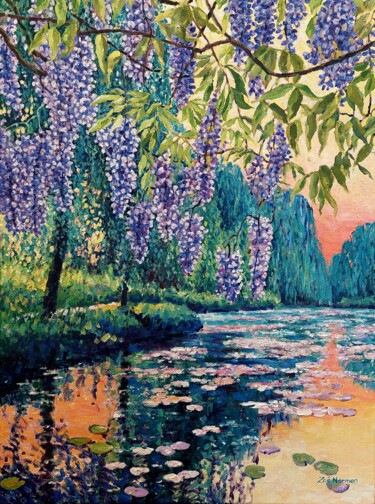 Painting titled "Wisteria at Givernia" by Zoe Norman, Original Artwork, Oil Mounted on Wood Stretcher frame