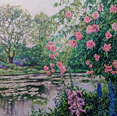 Картина под названием "Roses and Waterliles" - Zoe Norman, Подлинное произведение искусства, Масло Установлен на Деревянная…