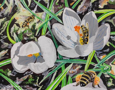 Painting titled "Bees Harvest" by Zoia Vla, Original Artwork, Acrylic Mounted on Wood Panel