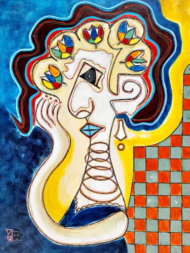 Painting titled "FEMME À LA COIFFURE" by Zol Artistic, Original Artwork, Acrylic Mounted on Wood Stretcher frame