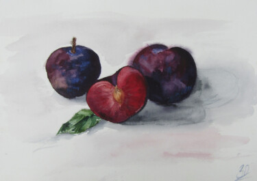 Painting titled "Plums" by Zolochevska Olena, Original Artwork, Watercolor