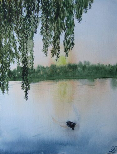 Painting titled "Sunset on the lake" by Zolochevska Olena, Original Artwork, Watercolor