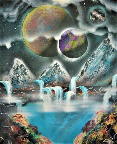 Painting titled "The Mountain Lake" by Zooj, Original Artwork, Spray paint