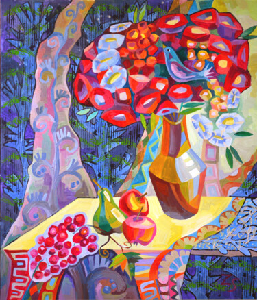 Картина под названием "Still life with gra…" - Zora, Подлинное произведение искусства, Масло