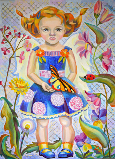 Painting titled "little angel" by Zora, Original Artwork, Oil Mounted on Wood Stretcher frame