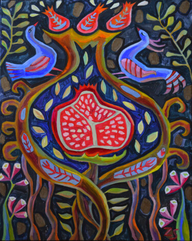 Painting titled "Red pomegranate" by Zora, Original Artwork, Oil