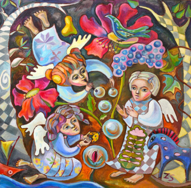 Peinture intitulée "Happy childhood" par Zora, Œuvre d'art originale, Huile Monté sur Châssis en bois