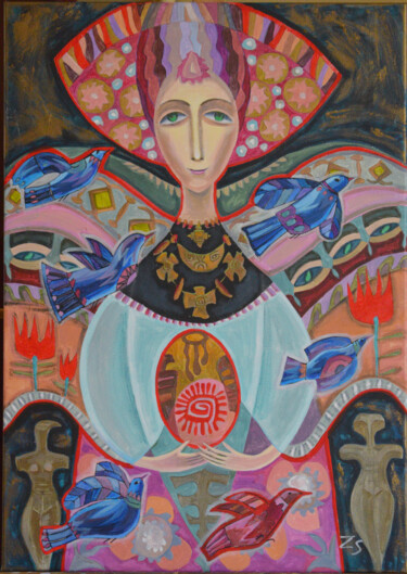 Painting titled "Ancient angel." by Zora, Original Artwork, Acrylic Mounted on Wood Stretcher frame