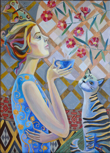 Painting titled "Morning coffee" by Zora, Original Artwork, Oil Mounted on Wood Stretcher frame