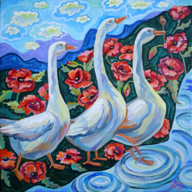 Peinture intitulée "geese" par Zora, Œuvre d'art originale, Huile Monté sur Châssis en bois
