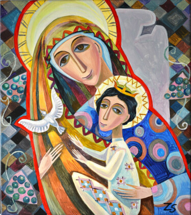 Painting titled "Mother of God and J…" by Zora, Original Artwork, Acrylic Mounted on Wood Stretcher frame