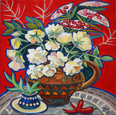 Peinture intitulée "White roses on red" par Zora, Œuvre d'art originale, Acrylique Monté sur Châssis en bois