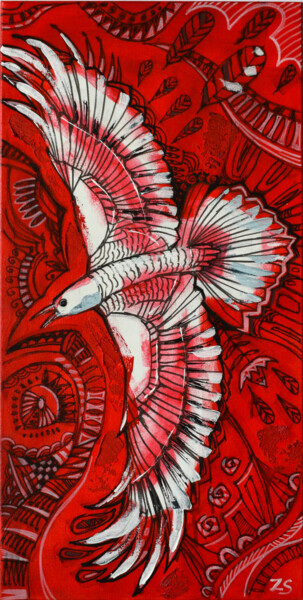 Painting titled "White crow" by Zora, Original Artwork, Acrylic Mounted on Wood Stretcher frame