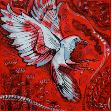 Painting titled "White crow 2" by Zora, Original Artwork, Acrylic Mounted on Wood Stretcher frame