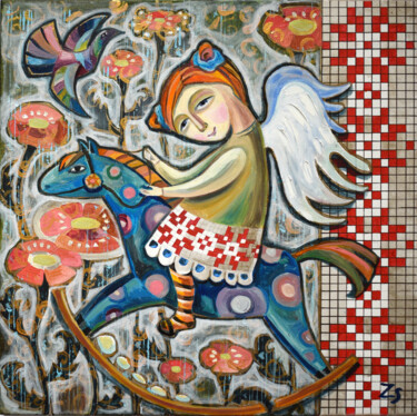 Painting titled "Ukrainian angel" by Zora, Original Artwork, Acrylic Mounted on Wood Stretcher frame