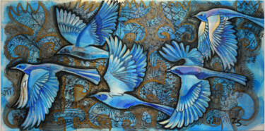Painting titled "Night. Blue birds" by Zora, Original Artwork, Acrylic Mounted on Wood Stretcher frame