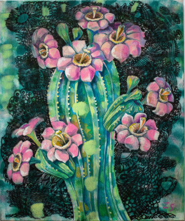 Картина под названием "Cactus" - Zora, Подлинное произведение искусства, Акрил Установлен на Деревянная рама для носилок