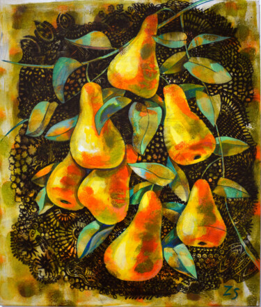 Painting titled "Sweet Pears" by Zora, Original Artwork, Acrylic Mounted on Wood Stretcher frame