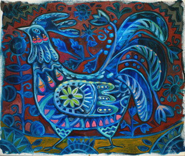 Painting titled "Blue rooster" by Zora, Original Artwork, Oil Mounted on Wood Stretcher frame