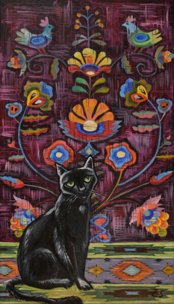 Painting titled "Black cat" by Zora, Original Artwork, Oil Mounted on Wood Stretcher frame