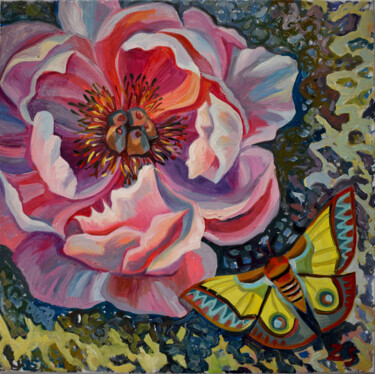 Painting titled "Pink peony1" by Zora, Original Artwork, Oil Mounted on Wood Stretcher frame
