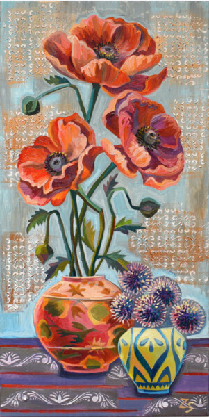 Картина под названием "poppies" - Zora, Подлинное произведение искусства, Масло Установлен на Деревянная рама для носилок