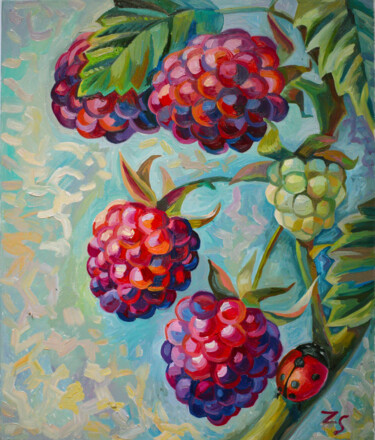 Painting titled "Juicy raspberry" by Zora, Original Artwork, Oil Mounted on Wood Stretcher frame