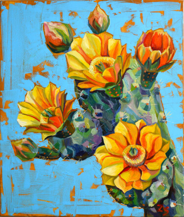 Painting titled "Flowering cactus" by Zora, Original Artwork, Oil Mounted on Wood Stretcher frame