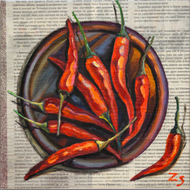Painting titled "hot pepper" by Zora, Original Artwork, Oil Mounted on Wood Stretcher frame