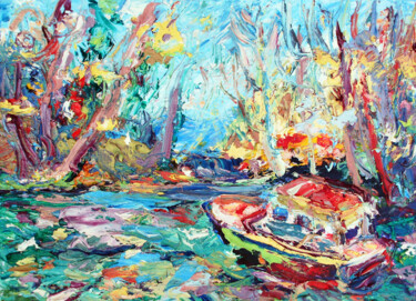 Schilderij getiteld "Boat on the river" door Zoran Andrić, Origineel Kunstwerk, Olie