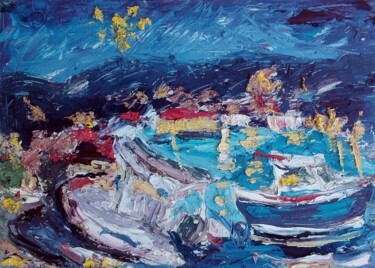 Painting titled "Boats in the night" by Zoran Andrić, Original Artwork, Oil