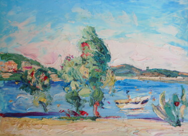 Painting titled "Happy white boat" by Zoran Andrić, Original Artwork, Oil