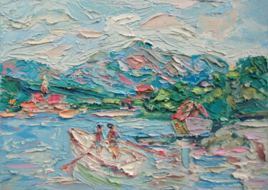 Pittura intitolato "Couple rowing throu…" da Zoran Andrić, Opera d'arte originale, Olio