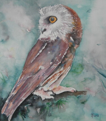 Malerei mit dem Titel "owl-1-akvarel-33-2-…" von Zoran Mihajlovic (Muza), Original-Kunstwerk, Aquarell