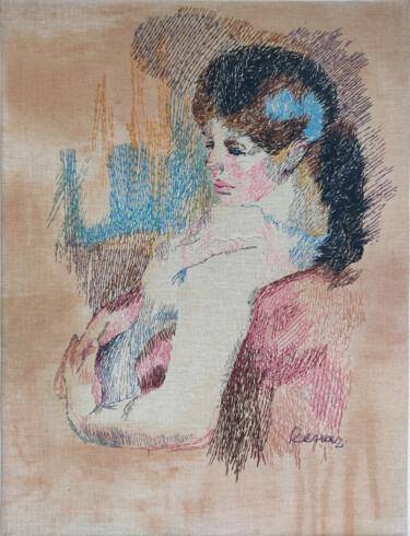 绘画 标题为“Portrait of a girl” 由Zoia Ahatina, 原创艺术品, 刺绣 安装在木质担架架上