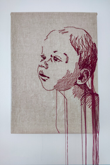 Painting titled "Child" by Zoia Ahatina, Original Artwork, Embroidery Mounted on Wood Stretcher frame