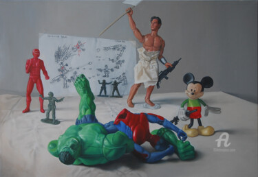 「Esto no es Toy Story」というタイトルの絵画 Sergio Zosoによって, オリジナルのアートワーク, オイル ウッドパネルにマウント